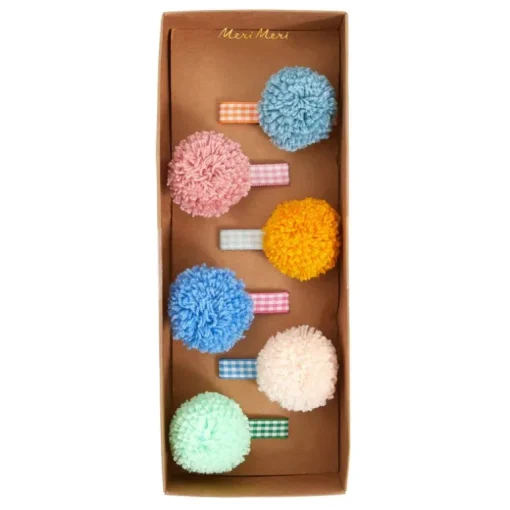 Haarclips Gingham Big Pompom Hair Clips - set van 6