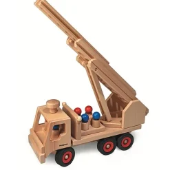 Houten brandweerwagen met 6 popjes