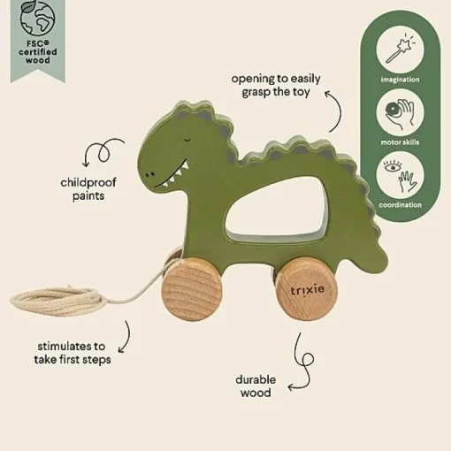 Houten Trekspeeltje - Wooden Pull Along Toy Mr Dino